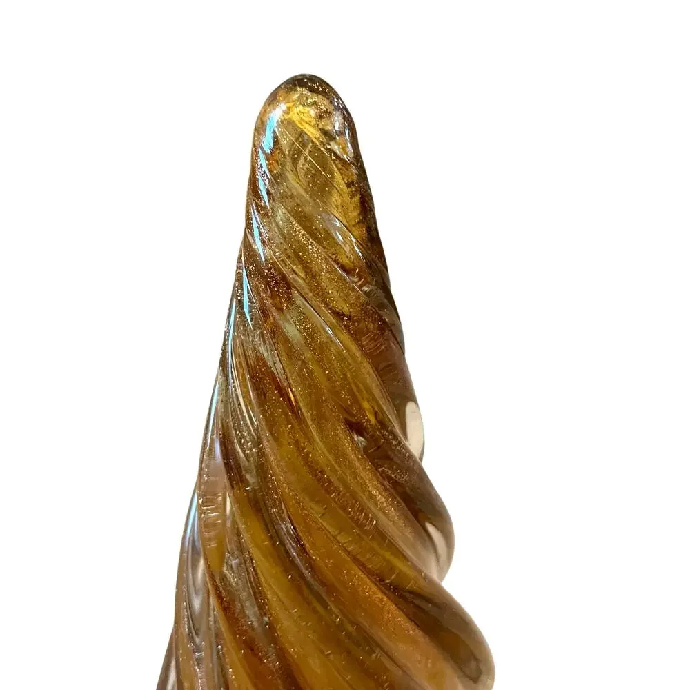 Pier 1 Art Glass Christmas Tree Amber Gold Swirl Glitter 8in Holiday Glam NEW